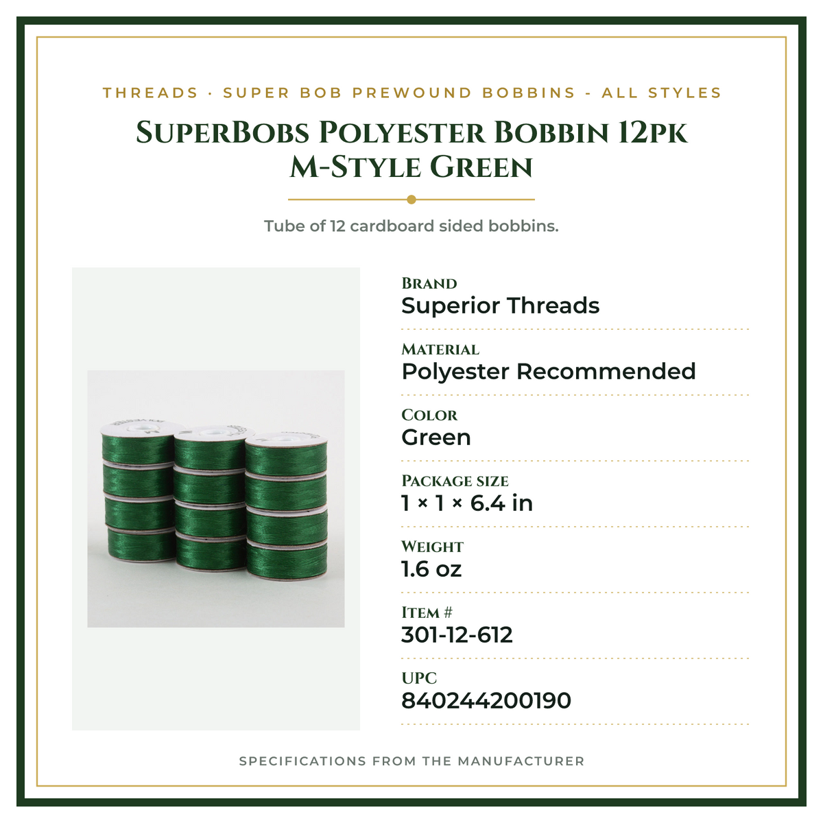 Product Specifications – SuperBobs Polyester Bobbin 12pk M-Style Green