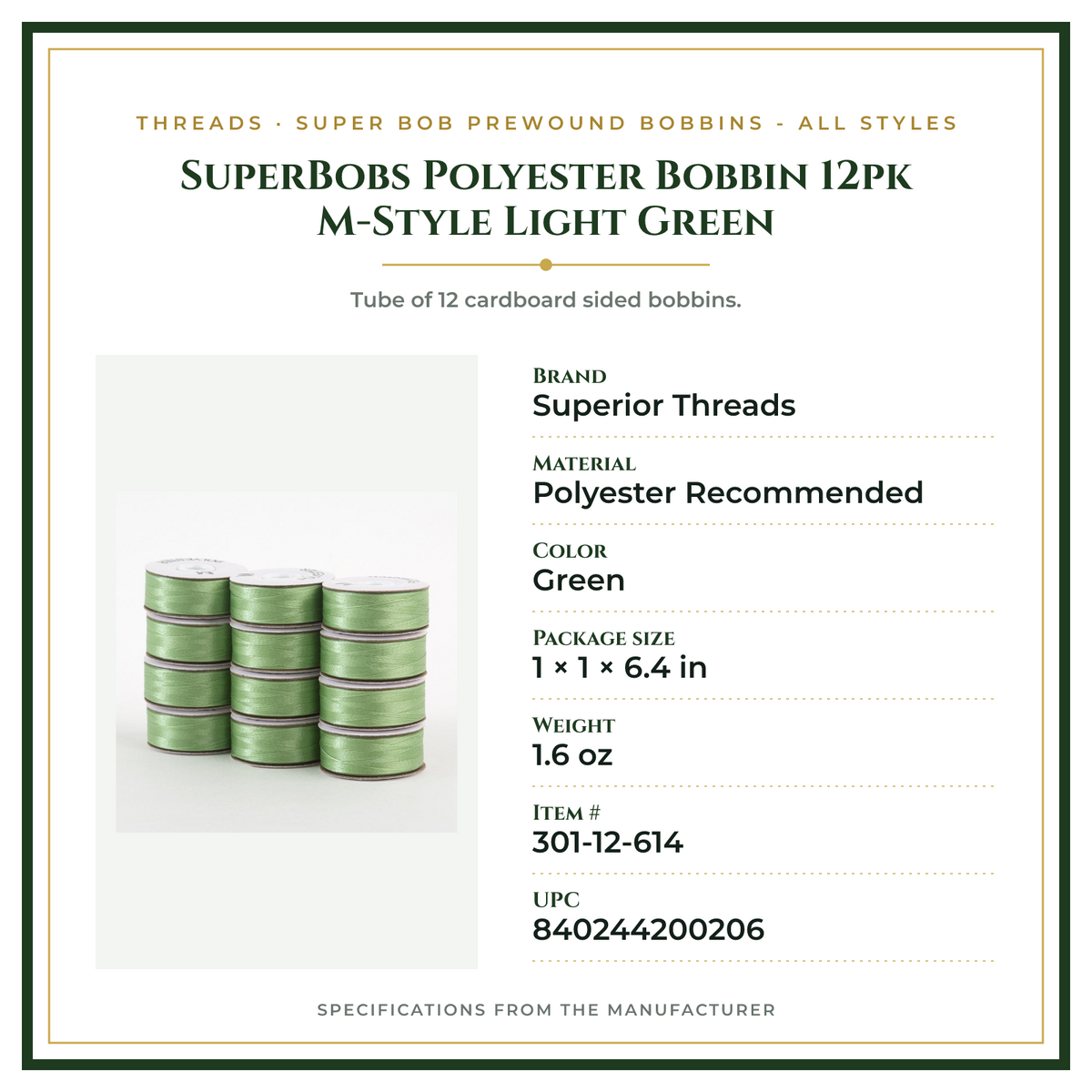 Product Specifications – SuperBobs Polyester Bobbin 12pk M-Style Light Green