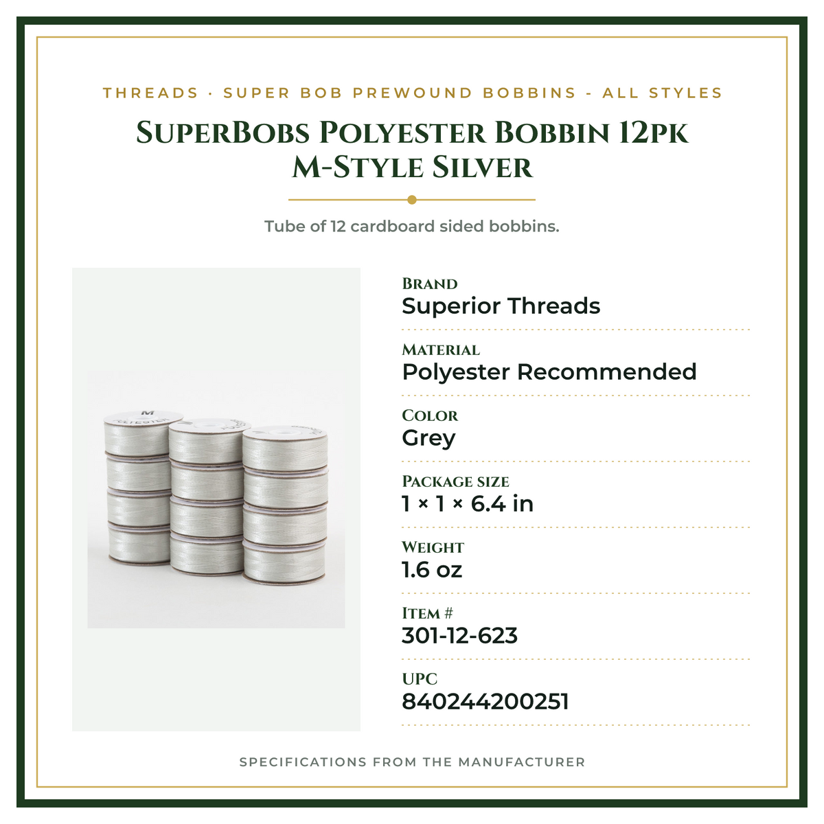 Product Specifications – SuperBobs Polyester Bobbin 12pk M-Style Silver