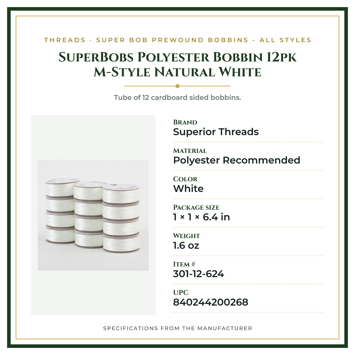 Product Specifications – SuperBobs Polyester Bobbin 12pk M-Style Natural White