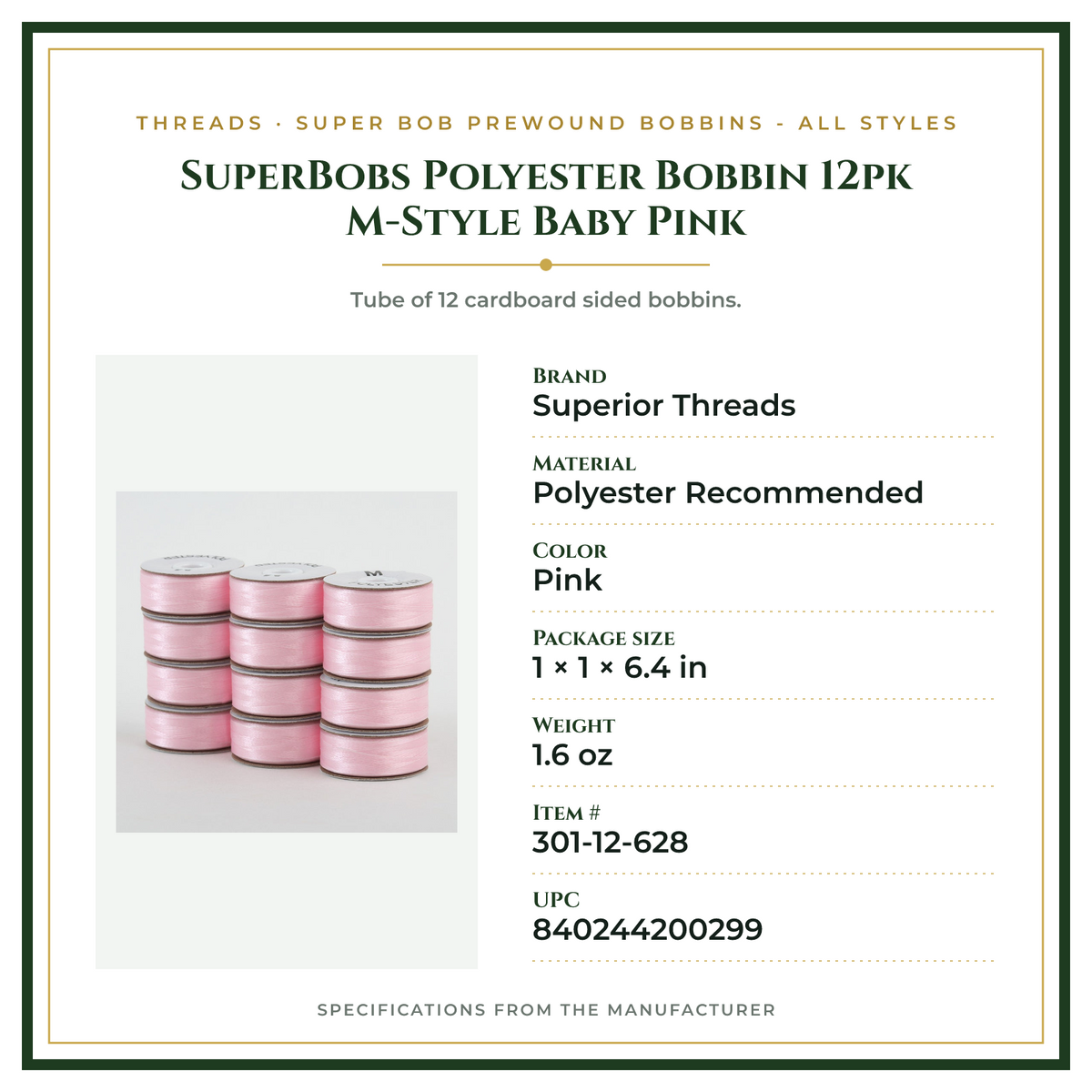 Product Specifications – SuperBobs Polyester Bobbin 12pk M-Style Baby Pink