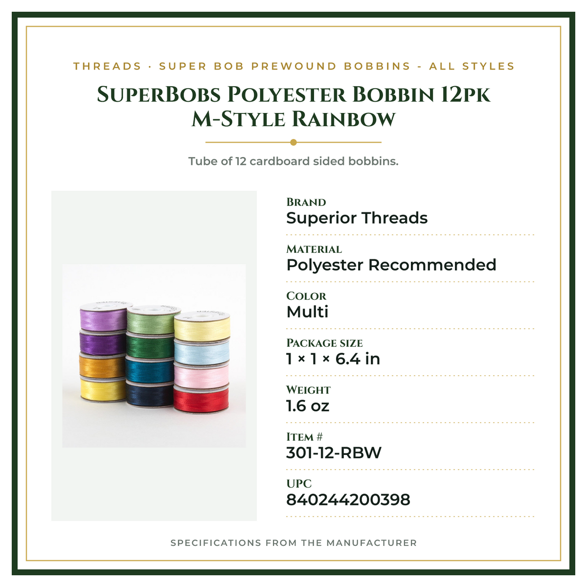 Product Specifications – SuperBobs Polyester Bobbin 12pk M-Style Rainbow