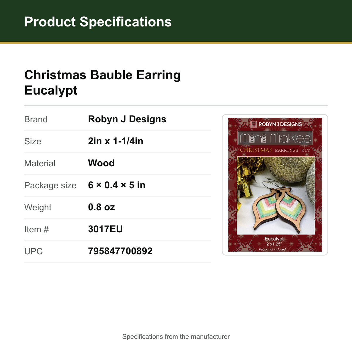 Product Specifications – Christmas Bauble Earring Eucalypt