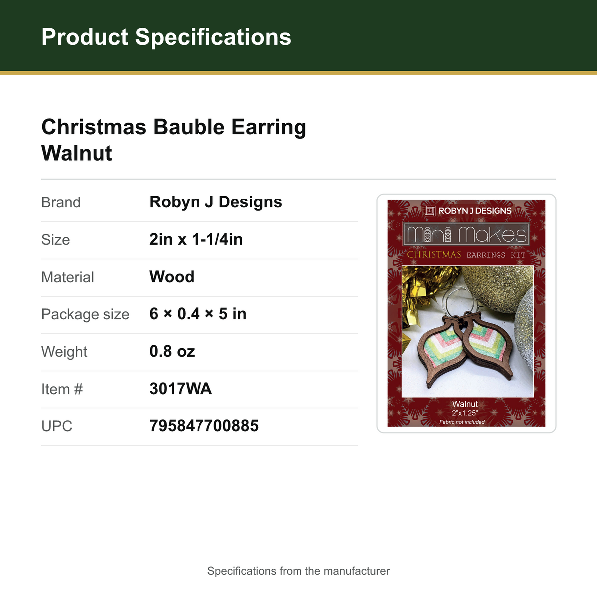 Product Specifications – Christmas Bauble Earring Walnut