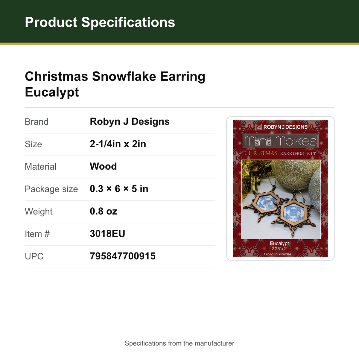 Product Specifications – Christmas Snowflake Earring Eucalypt