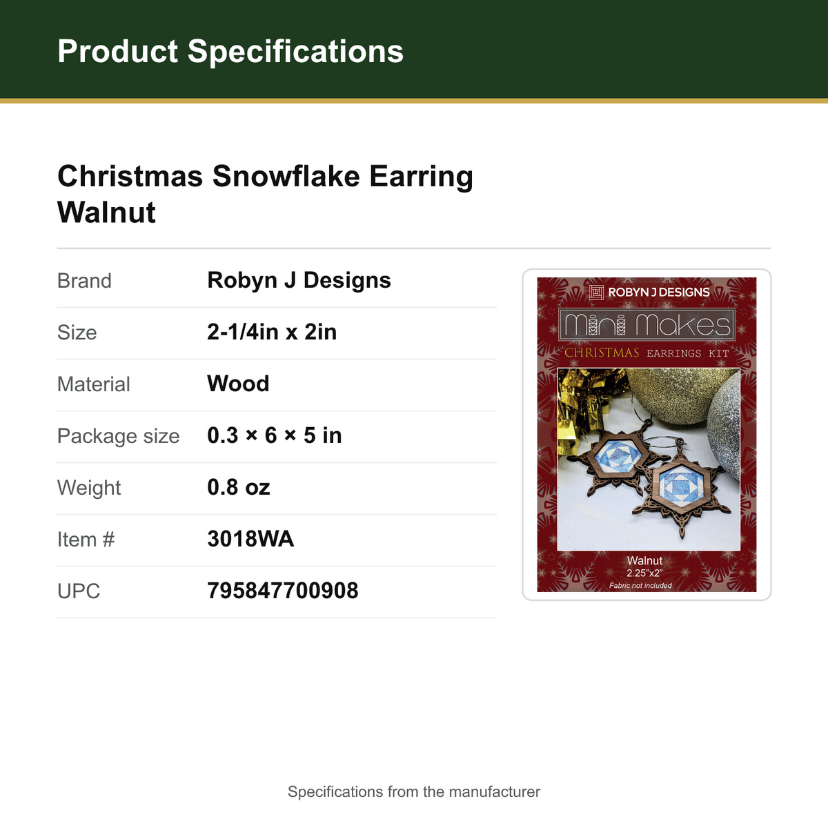 Product Specifications – Christmas Snowflake Earring Walnut