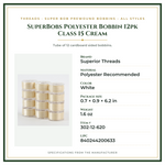 Product Specifications – SuperBobs Polyester Bobbin 12pk Class 15 Cream
