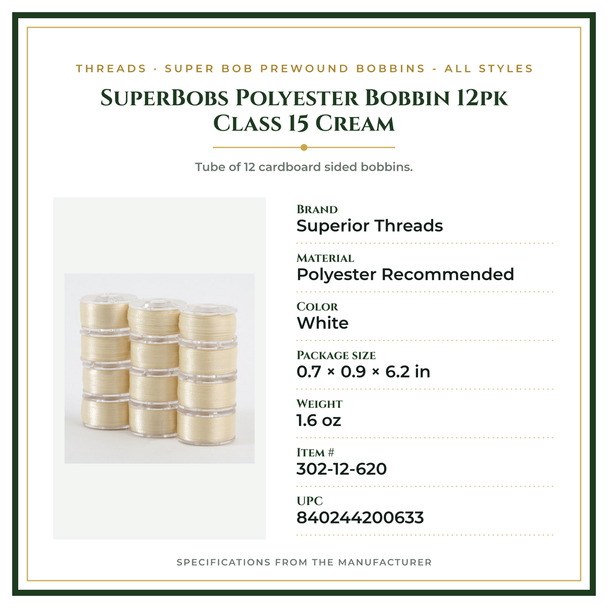 Product Specifications – SuperBobs Polyester Bobbin 12pk Class 15 Cream