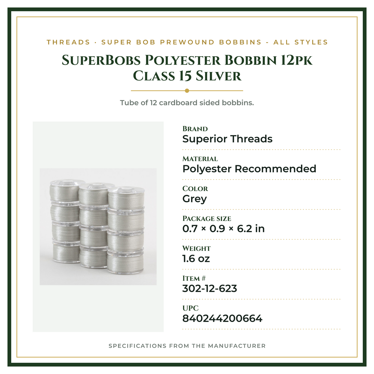 Product Specifications – SuperBobs Polyester Bobbin 12pk Class 15 Silver