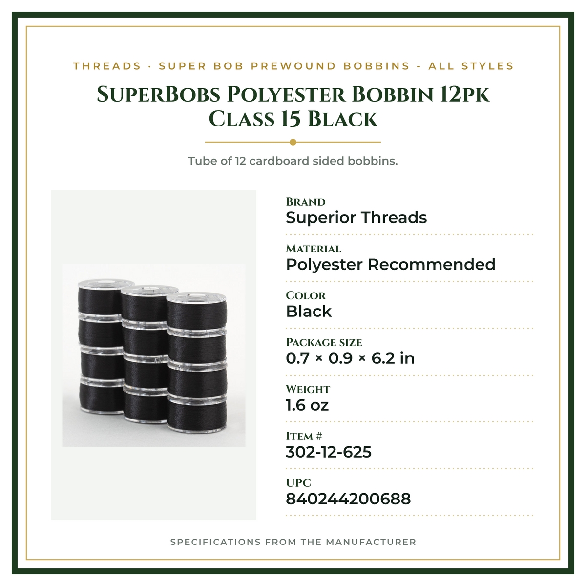 Product Specifications – SuperBobs Polyester Bobbin 12pk Class 15 Black