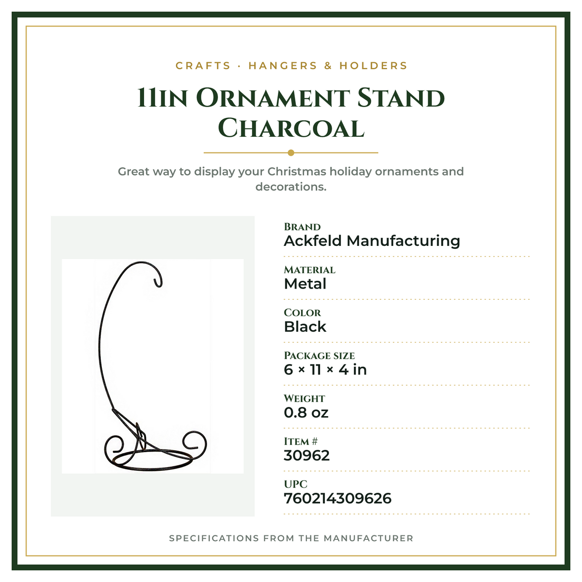 Product Specifications – 11in Ornament Stand Charcoal