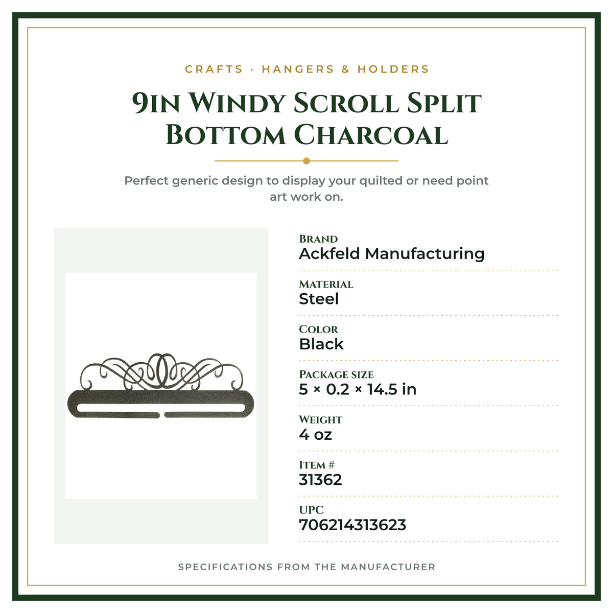 Product Specifications – 9in Windy Scroll Split Bottom Charcoal