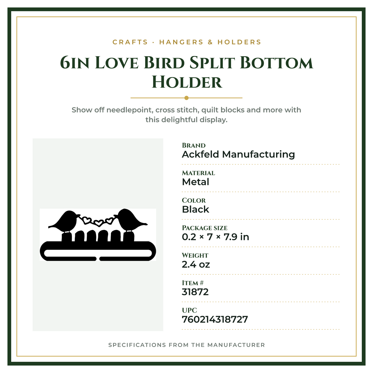 Product Specifications – 6in Love Bird Split Bottom Holder