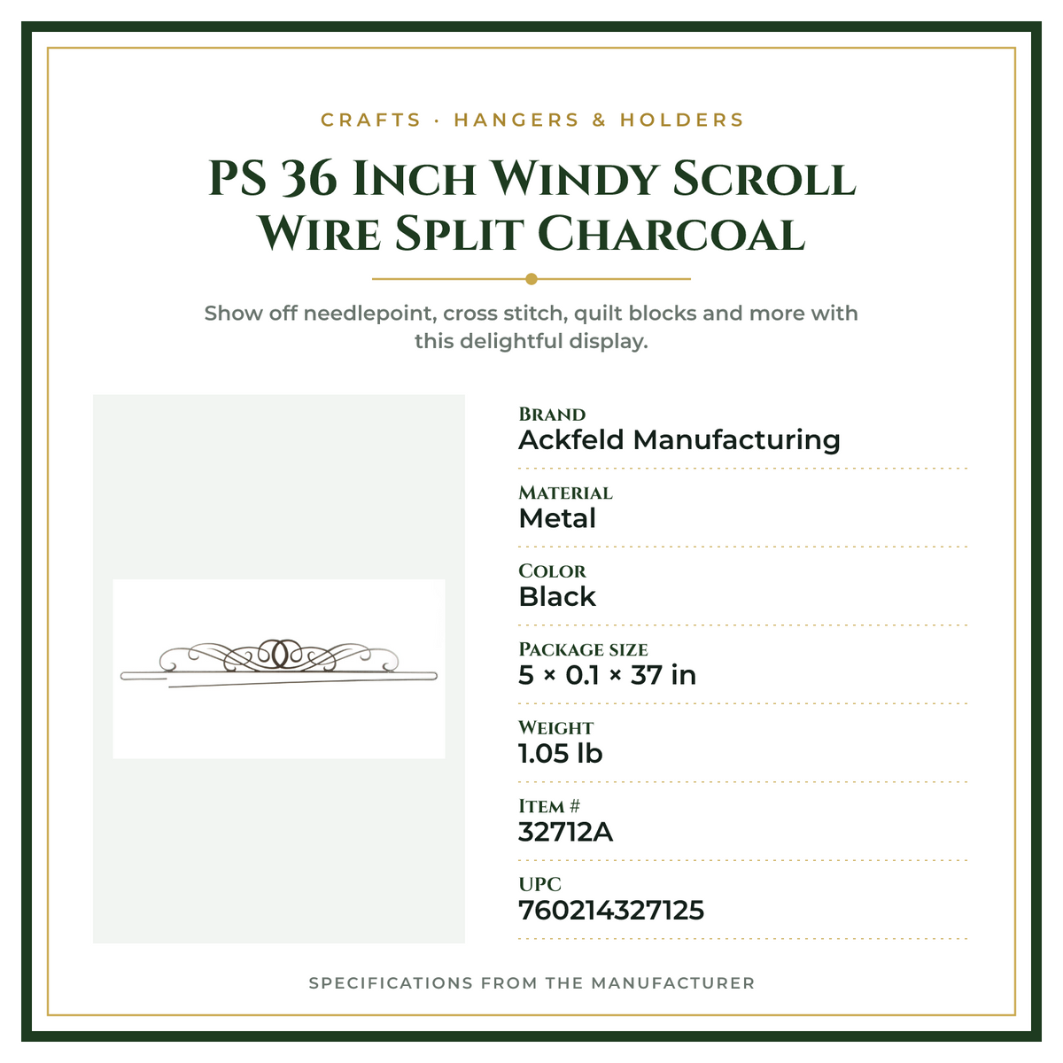 Product Specifications – PS 36 Inch Windy Scroll Wire Split Charcoal
