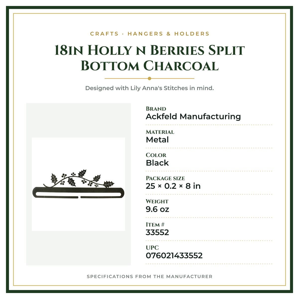 Product Specifications – 18in Holly n Berries Split Bottom Charcoal