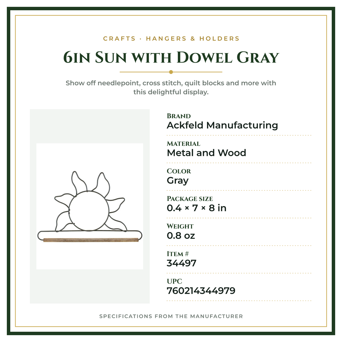 Product Specifications – 6in Sun with Dowel Gray