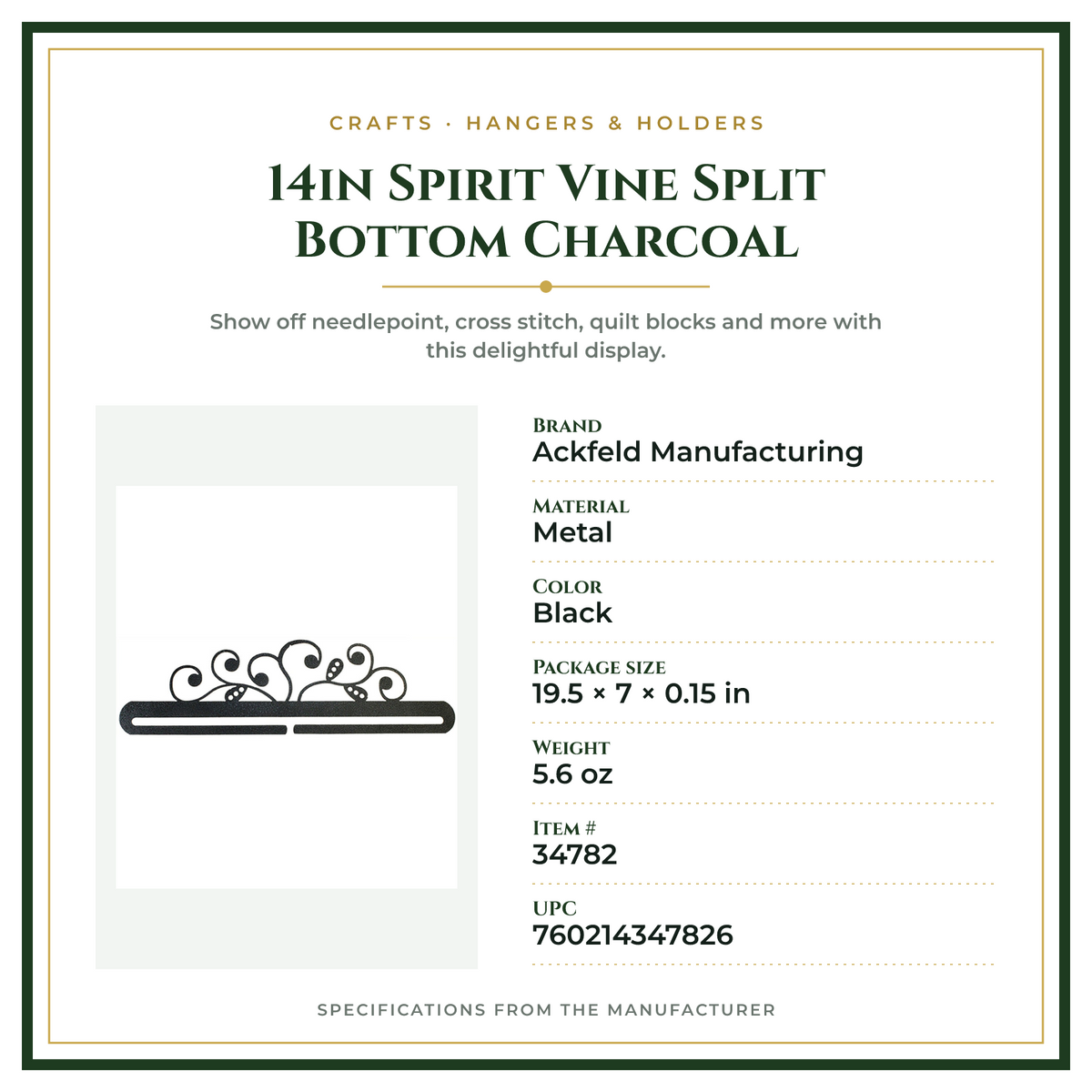 Product Specifications – 14in Spirit Vine Split Bottom Charcoal