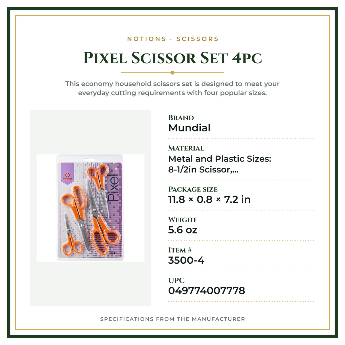 Product Specifications – Pixel Scissor Set 4pc