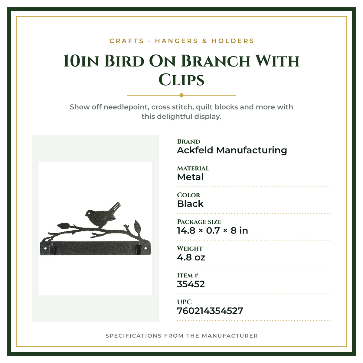 Product Specifications – 10in Bird On Branch With Clips
