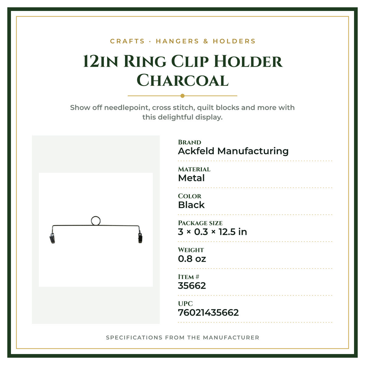 Product Specifications – 12in Ring Clip Holder Charcoal
