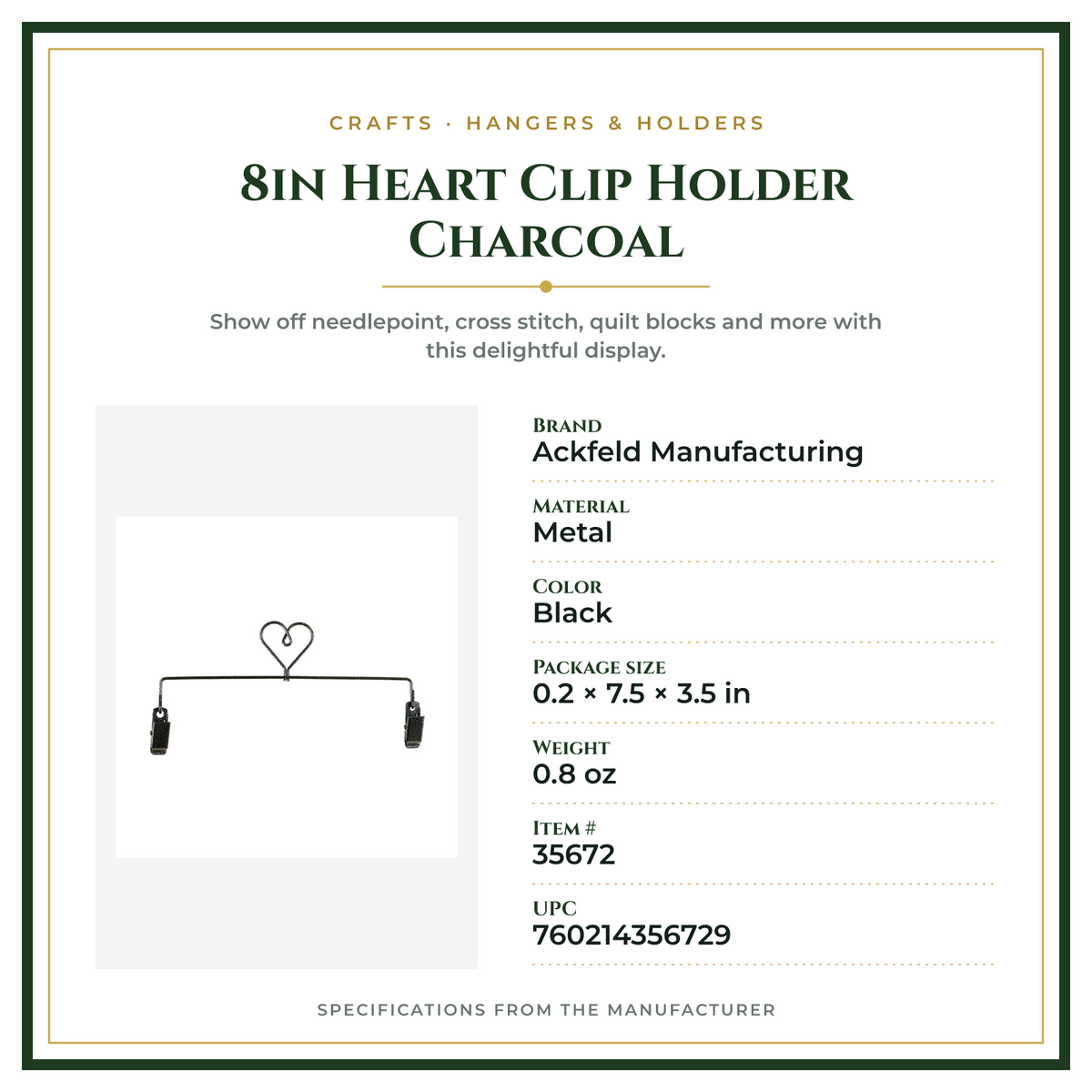 Product Specifications – 8in Heart Clip Holder Charcoal