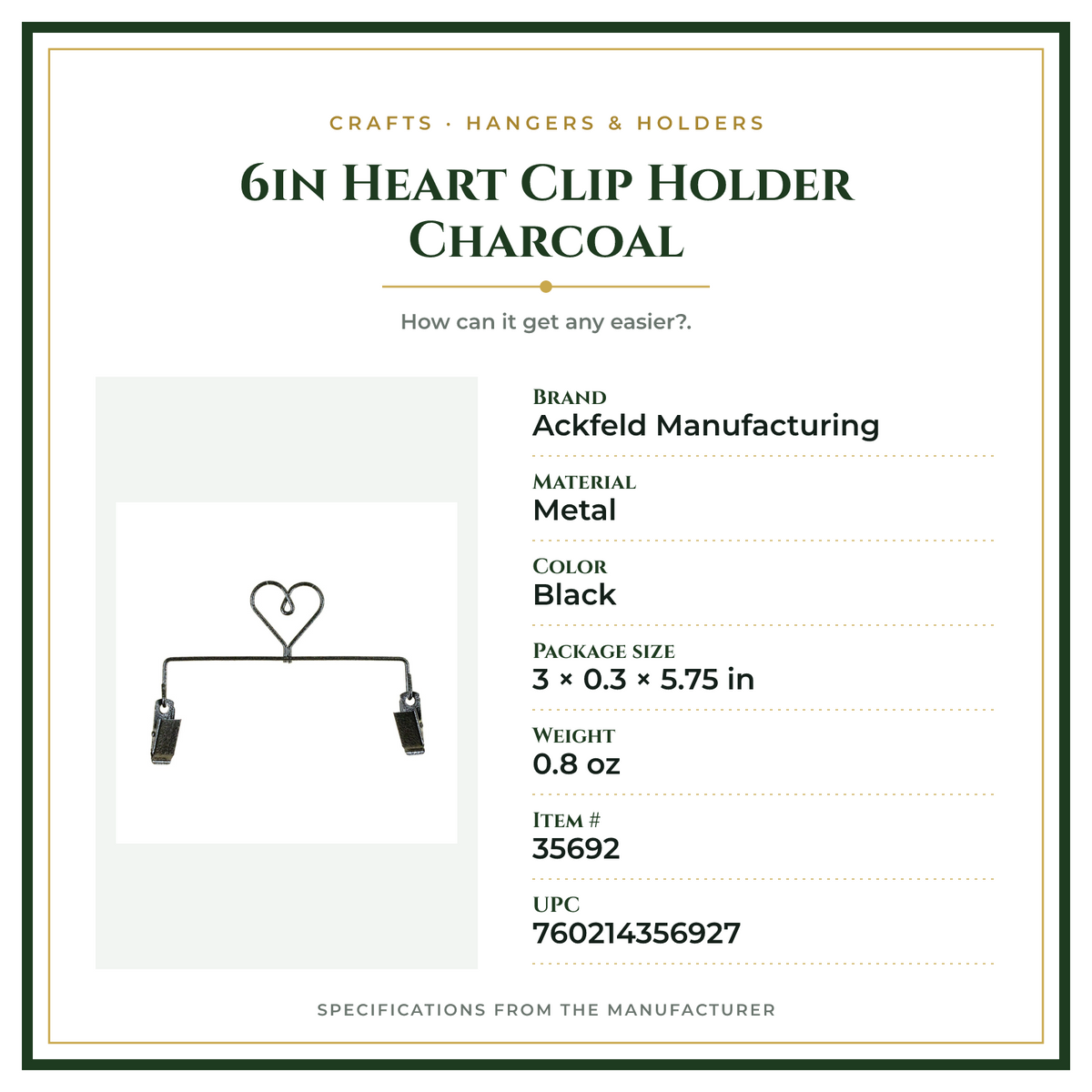 Product Specifications – 6in Heart Clip Holder Charcoal