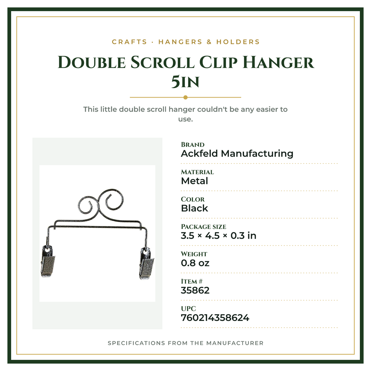 Product Specifications – Double Scroll Clip Hanger 5in