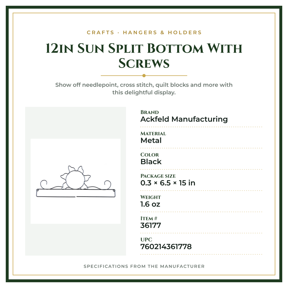 Product Specifications – 12in Sun Split Bottom With Screws