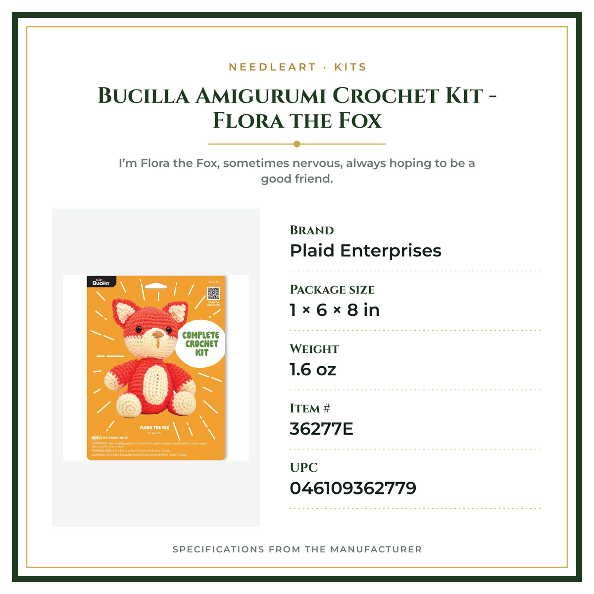 Product Specifications – Bucilla Amigurumi Crochet Kit - Flora the Fox