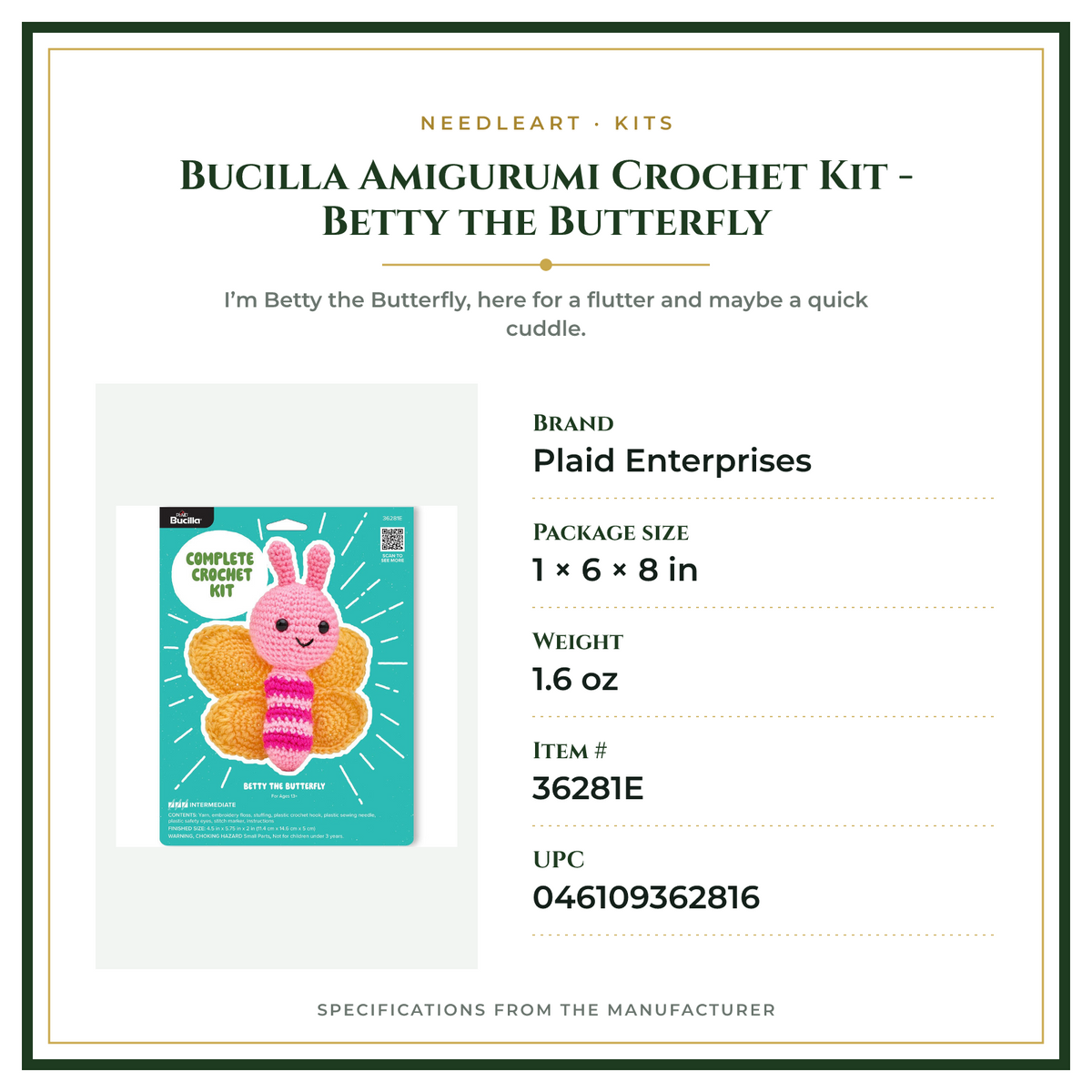 Product Specifications – Bucilla Amigurumi Crochet Kit - Betty the Butterfly