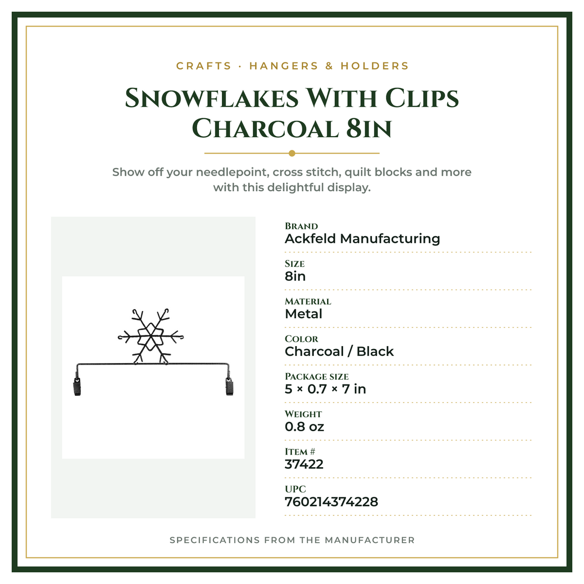 Product Specifications – Snowflakes With Clips Charcoal 8in