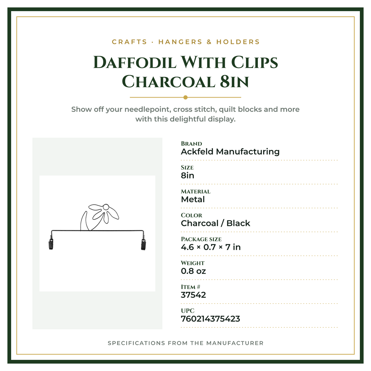 Product Specifications – Daffodil With Clips Charcoal 8in