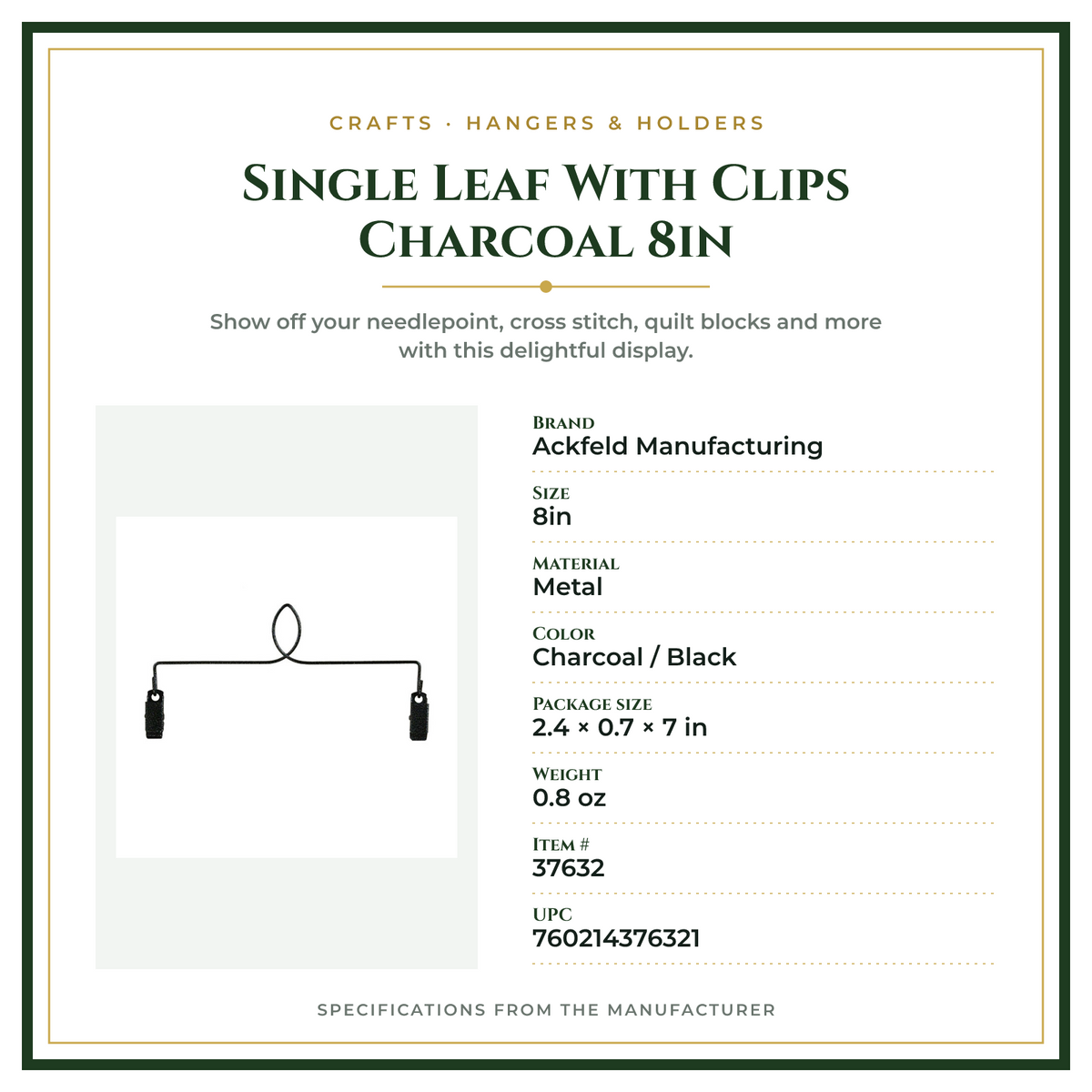 Product Specifications – Single Leaf With Clips Charcoal 8in