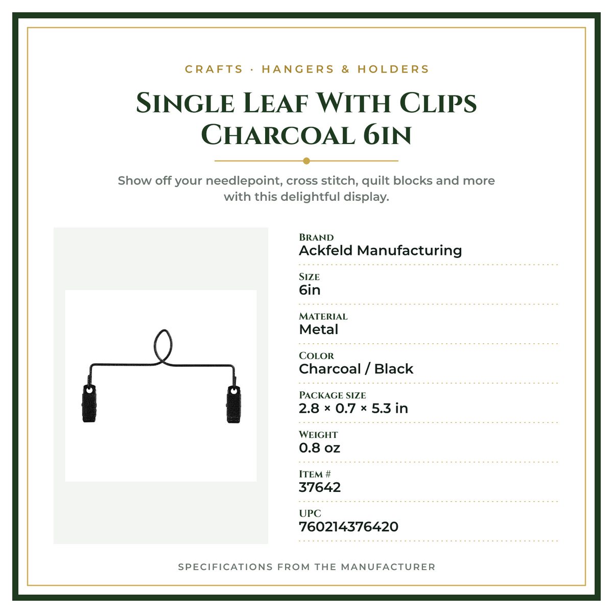 Product Specifications – Single Leaf With Clips Charcoal 6in