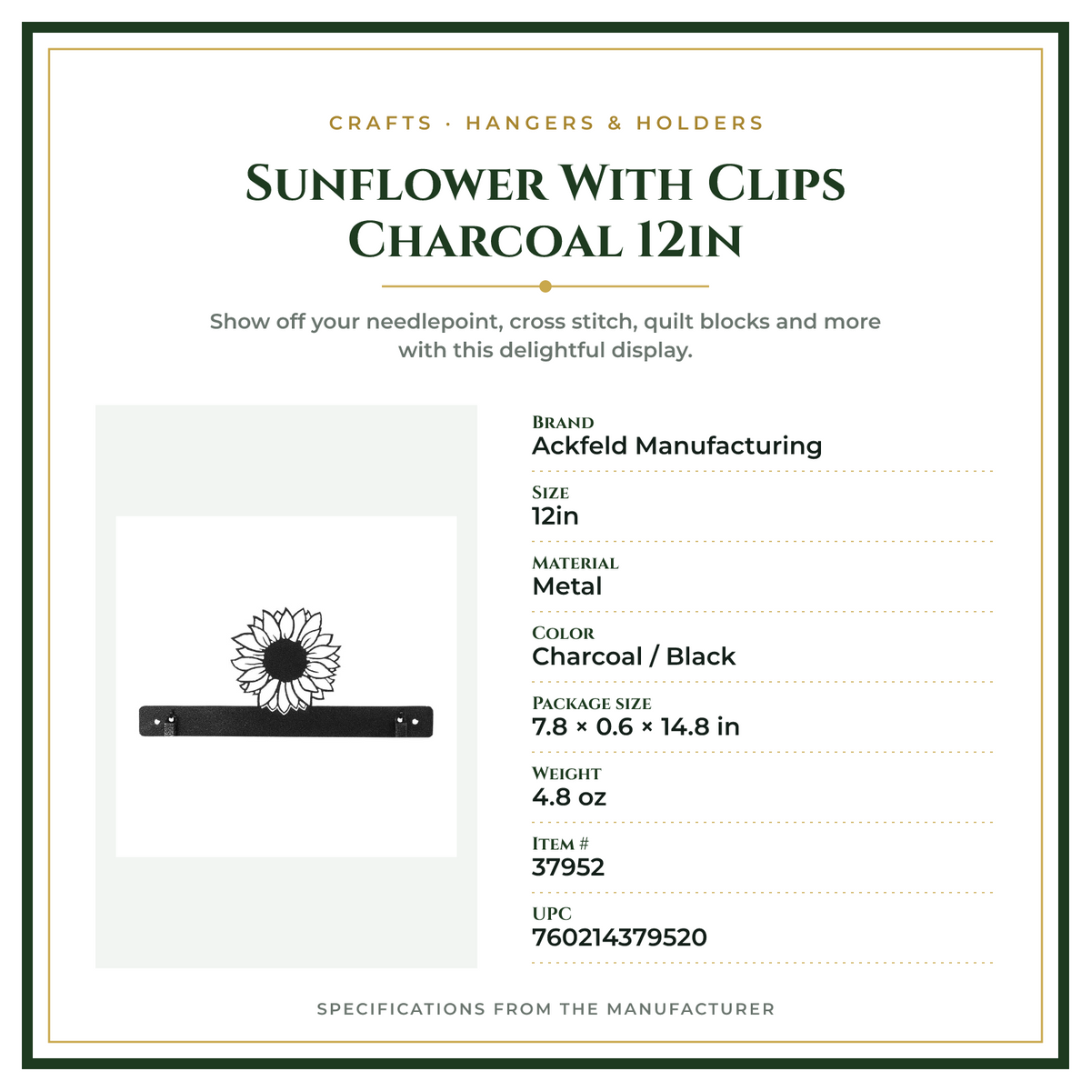 Product Specifications – Sunflower With Clips Charcoal 12in