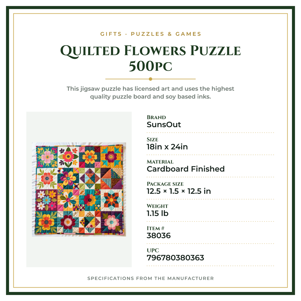 Product Specifications – Quilted Flowers Puzzle 500pc