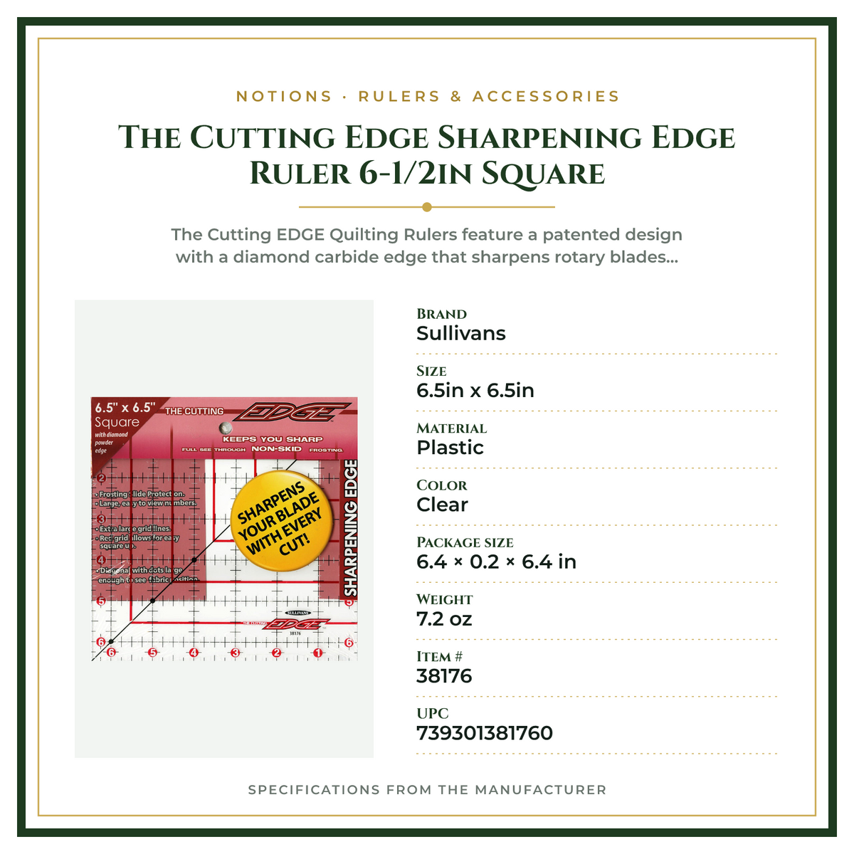 Product Specifications – The Cutting Edge Sharpening Edge Ruler 6-1/2in Square