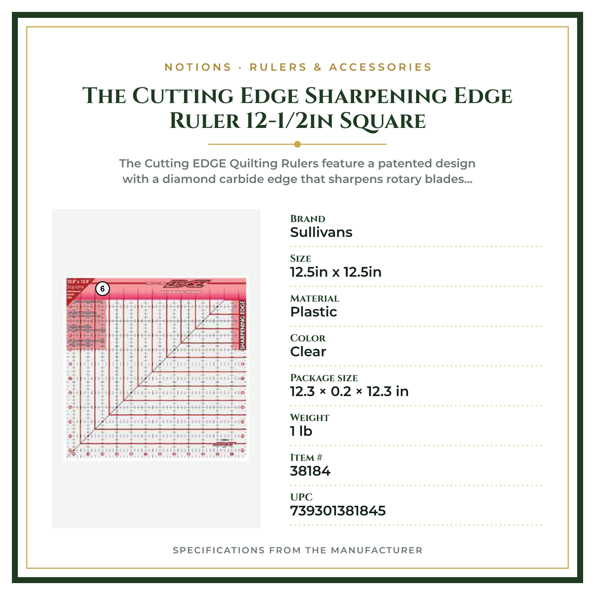 Product Specifications – The Cutting Edge Sharpening Edge Ruler 12-1/2in Square