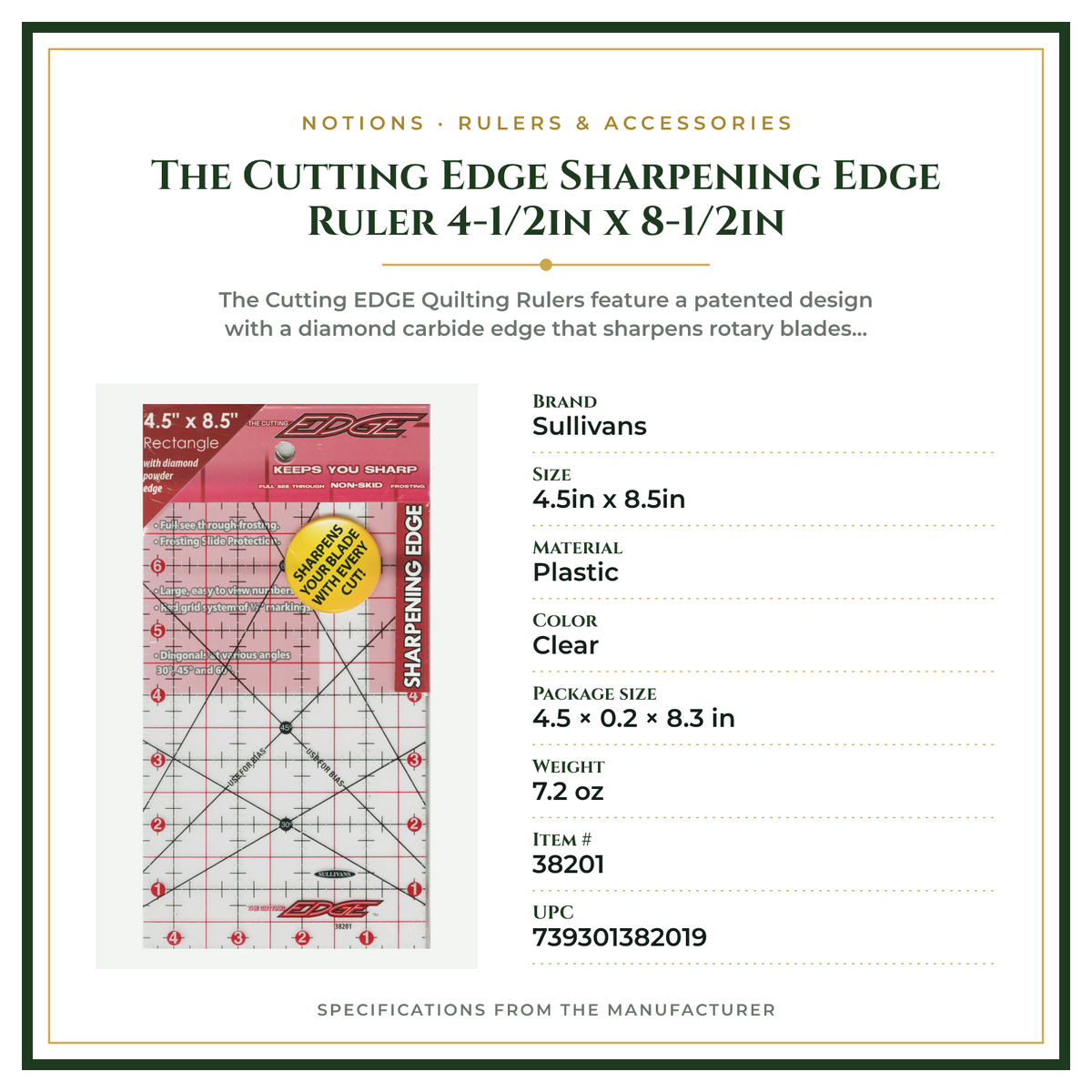 Product Specifications – The Cutting Edge Sharpening Edge Ruler 4-1/2in x 8-1/2in