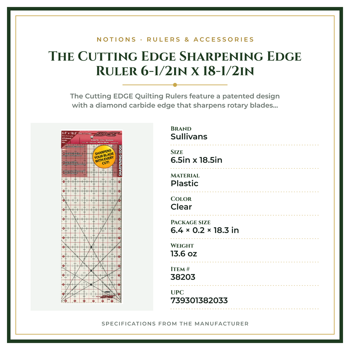Product Specifications – The Cutting Edge Sharpening Edge Ruler 6-1/2in x 18-1/2in