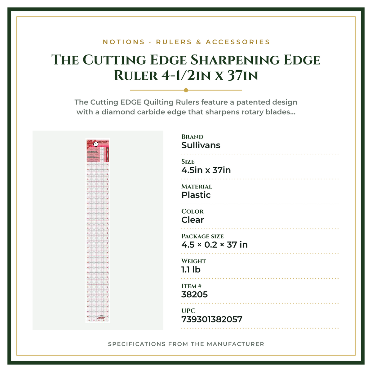 Product Specifications – The Cutting Edge Sharpening Edge Ruler 4-1/2in x 37in