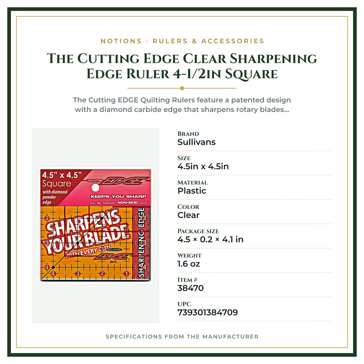Product Specifications – The Cutting Edge Clear Sharpening Edge Ruler 4-1/2in Square