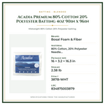Product Specifications – Acadia Premium 80% Cotton 20% Polyester Batting 4oz 90in x 96in