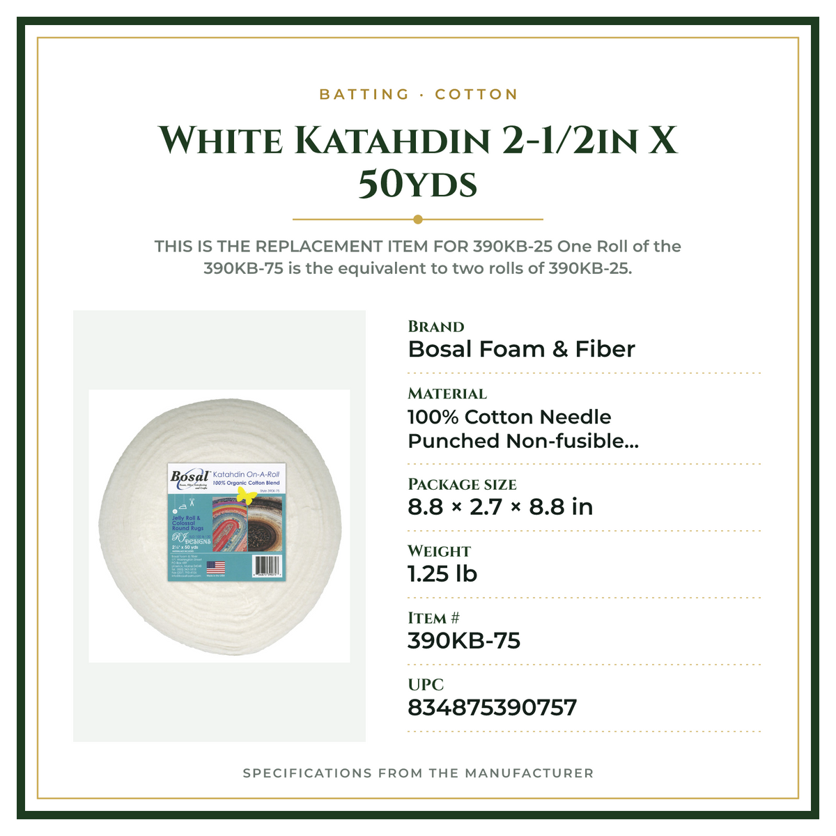 Product Specifications – White Katahdin 2-1/2in X 50yds