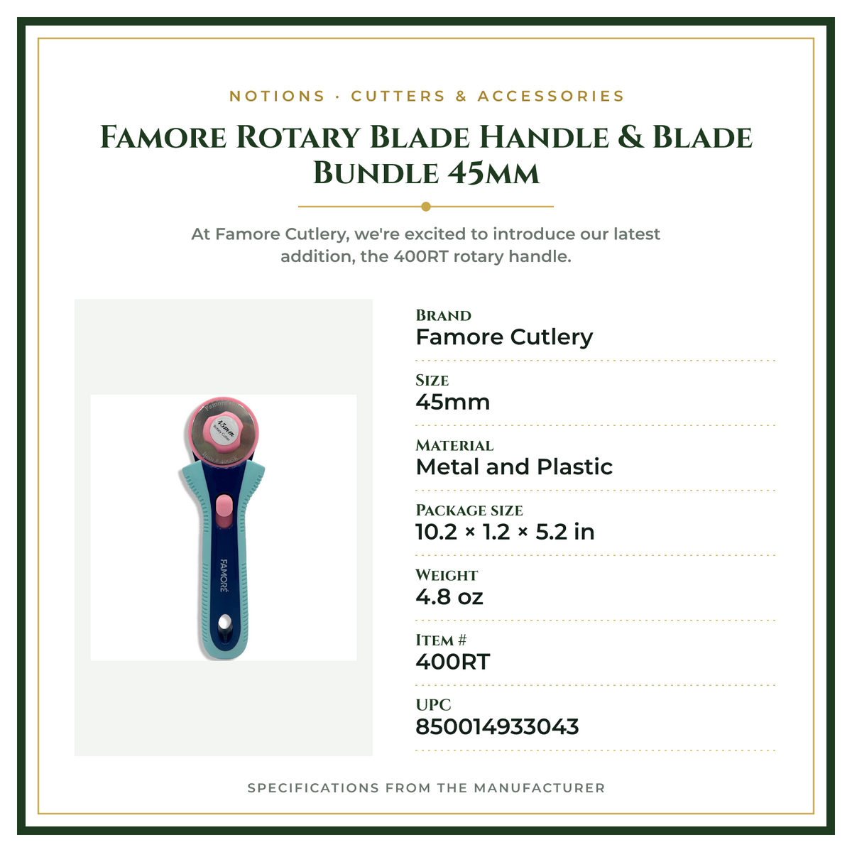Product Specifications – Famore Rotary Blade Handle & Blade Bundle 45mm