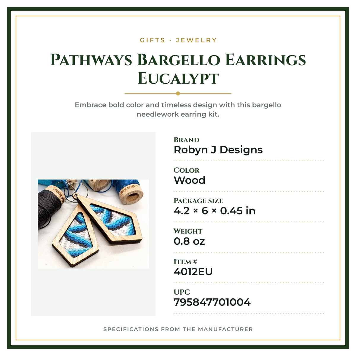 Product Specifications – Pathways Bargello Earrings Eucalypt