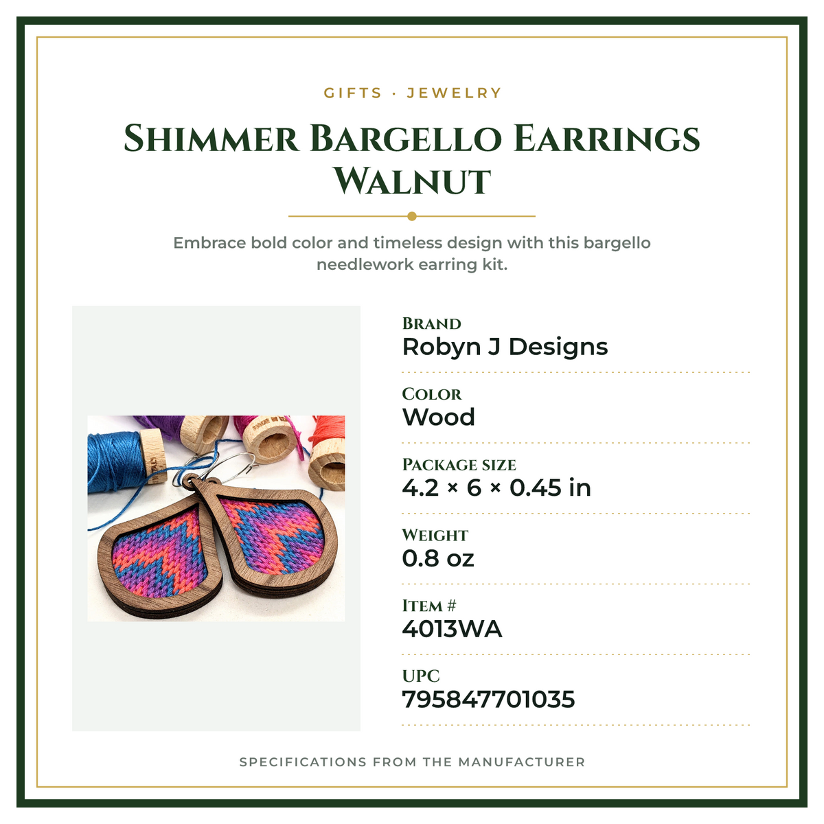 Product Specifications – Shimmer Bargello Earrings Walnut