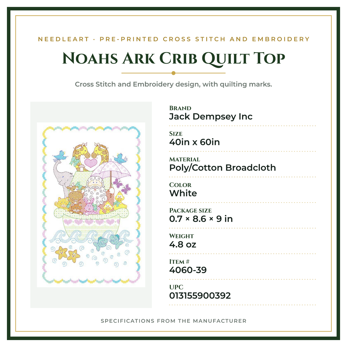 Product Specifications – Noahs Ark Crib Quilt Top