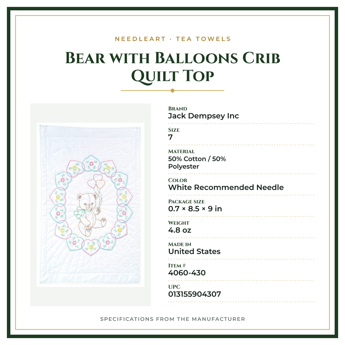 Product Specifications – Bear with Balloons Crib Quilt Top