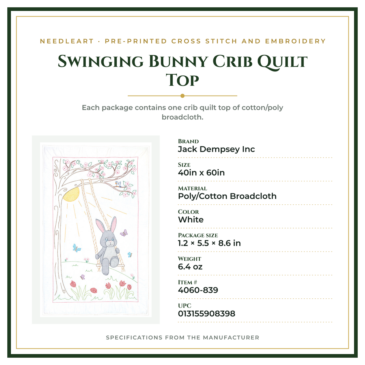 Product Specifications – Swinging Bunny Crib Quilt Top
